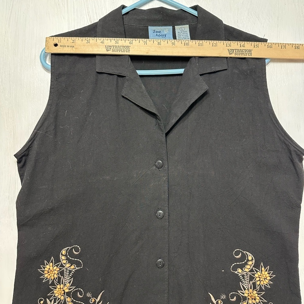 Jane Ashley Black Top Large Sleeveless Button Front Floral Embroidery Cotton - Picture 3 of 8